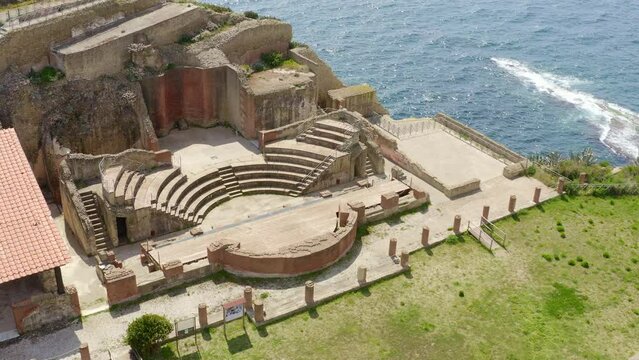 Aerial view of the Odeon of the imperial villa in the archaeological park of Pausilypon. The ancient Roman ruins are located in the Posillipo district, in Naples, Italy.