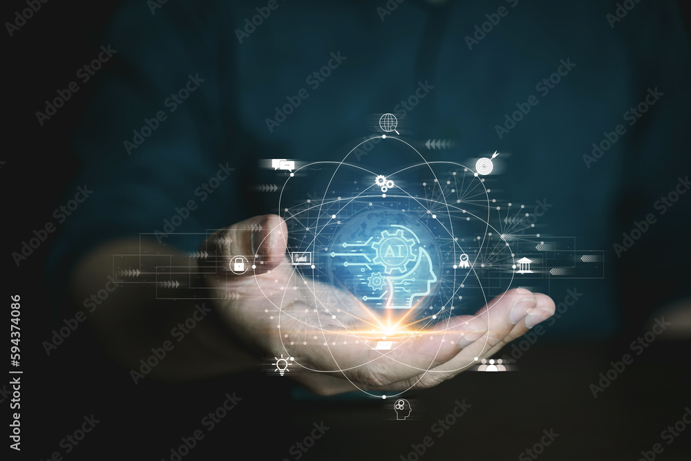 Poster technology ai concept, people holding and touching ai icon on screen, smart ai control and automatic
