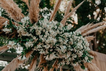 Vibrant and colorful arrangement of flowers decorated for the wedding ceremony