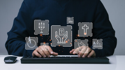 Online church,Home church,Bible online concept.Worship from home with smart phone.Bible online.Technology for Religion.