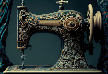 An old fashion sewing machine decorated with a jacquard style pattern. Created with Generative AI.
