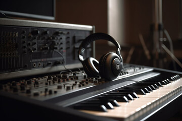 Obraz na płótnie Canvas Professional headphones on an electric piano in a classy recording studio. Entertainment technology for electronic music production. Ai generated