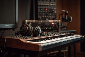 Fototapeta na wymiar Professional headphones on an electric piano in a classy recording studio. Entertainment technology for electronic music production. Ai generated