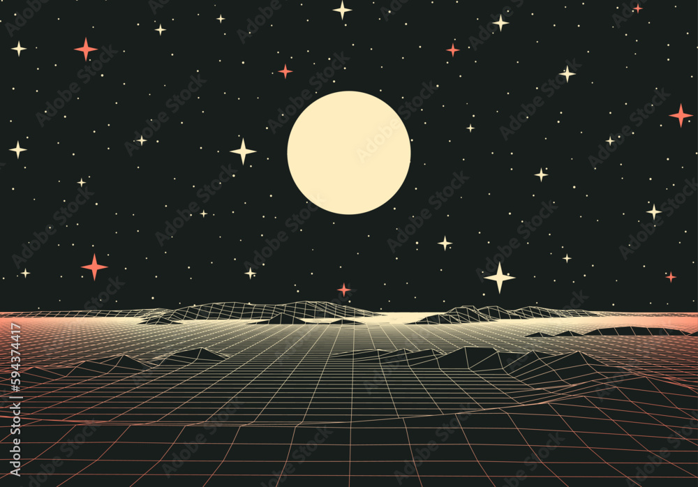 Poster retro futuristic landscape with mountains and sun in deep space. 80s styled synthwve landscape with 
