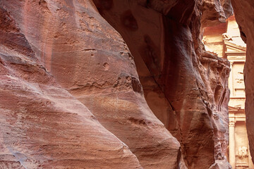 View of the Al-Khazneh Palace or Treasury in Petra, Jordan.