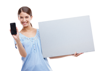 Portrait, smartphone and woman with poster, smile or lady isolated against transparent background. Face, female model or person with cellphone, brand development and blank board with png and connect