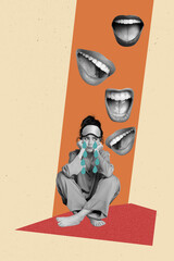 Vertical collage picture of unsatisfied moody black white effect girl crying big talking smiling...