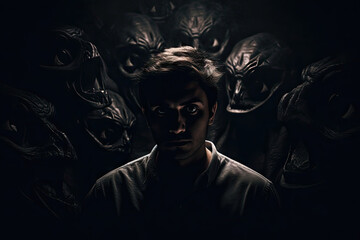 Surreal and haunting portrait of a person facing their inner demons, set against a dark and eerie dreamscape