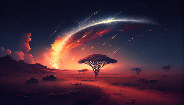 Crash of Burning Comet in dark night. Ai generated image