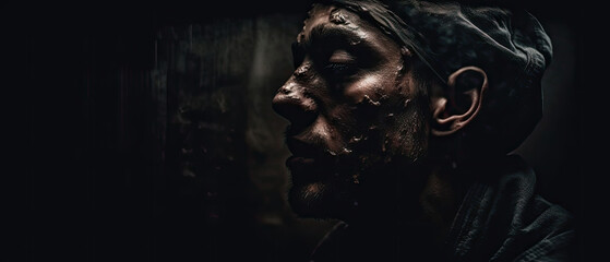 Surreal and haunting portrait of a person facing their inner demons, set against a dark and eerie dreamscape