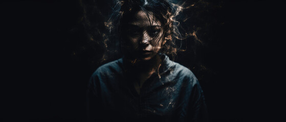Surreal and haunting portrait of a person facing their inner demons, set against a dark and eerie dreamscape