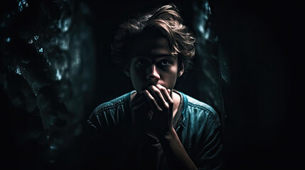 Surreal and haunting portrait of a person facing their inner demons, set against a dark and eerie dreamscape