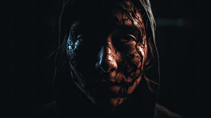 Surreal and haunting portrait of a person facing their inner demons, set against a dark and eerie dreamscape