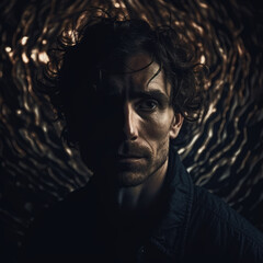 Surreal and haunting portrait of a person facing their inner demons, set against a dark and eerie dreamscape