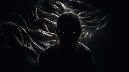 Surreal and haunting portrait of a person facing their inner demons, set against a dark and eerie dreamscape