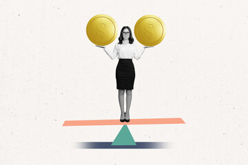 Creative collage picture of black white gamma mini elegant girl stand scales arms hold two big...