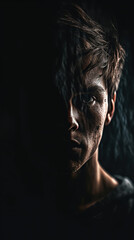 Surreal and haunting portrait of a person facing their inner demons, set against a dark and eerie dreamscape