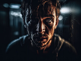 Surreal and haunting portrait of a person facing their inner demons, set against a dark and eerie dreamscape