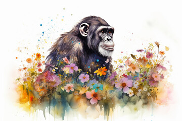 Watercolor painting of a beautiful chimpanzee in a colorful flower field. Ideal for art print, greeting card, springtime concepts etc. Made with generative AI.
