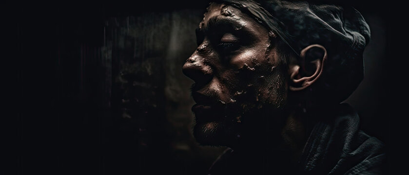 Surreal and haunting portrait of a person facing their inner demons, set against a dark and eerie dreamscape