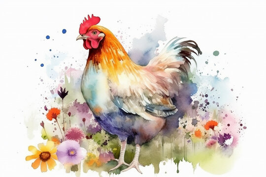 Watercolor painting of a beautiful chicken in a colorful flower field. Ideal for art print, greeting card, springtime concepts etc. Made with generative AI.
