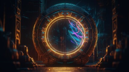 A circle Orange Neon Magic Portal in a futuristic style, by night, cosmos, Edited generative AI