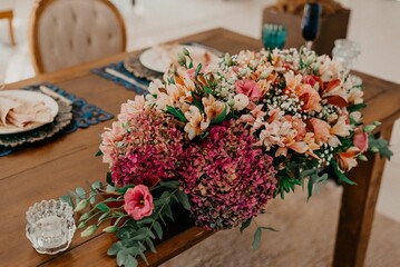 Vibrant and colorful arrangement of flowers decorated for the wedding ceremony