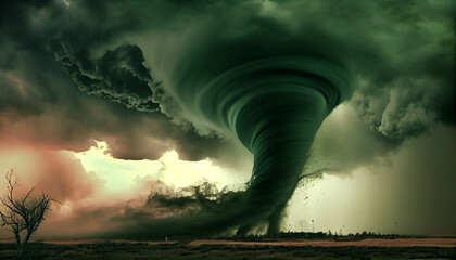 Extreme heavy Tornado in green field and rural area. Ai generated image
