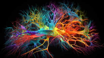 Abstract art of neon light brain with nerves. Generative Ai