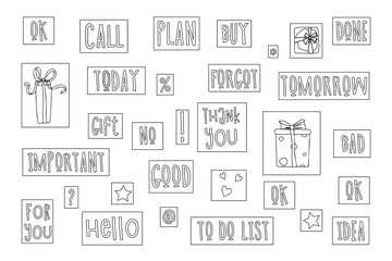 Set of Daily Planner Stickers, Patches Collection for To Do List. Weekly Badges with Quotes and Lettering. Isolated Vector for Online Communication, Web Design, Chat. Cute Cartoon Doodle Style.