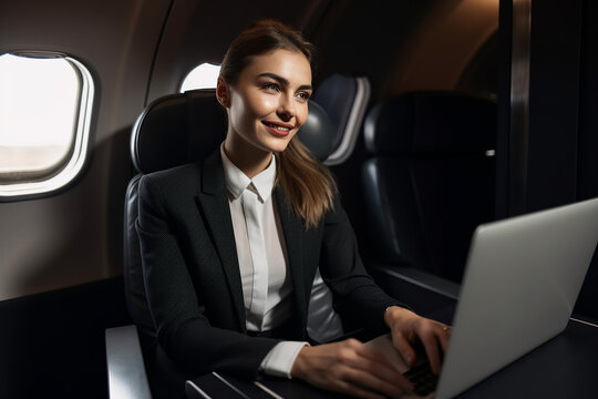 Successful  businesswoman with laptop on an airplane seated in business class. Generative AI.