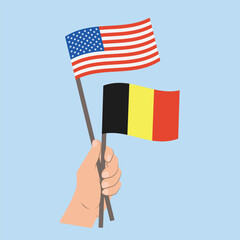 Flags of USA and Belgium, Hand Holding flags