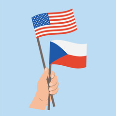 Flags of USA and Czech Republic, Hand Holding flags