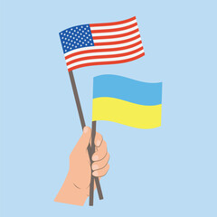 Flags of USA and Ukraine, Hand Holding flags