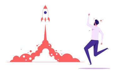 Businessman launches rocket into the sky. Business startup concept. Employee oversees the takeoff of a spaceship. Business startup concept