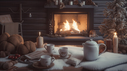 Obraz na płótnie Canvas Cozy winter scene with fireplace and hot cocoa and winter related things