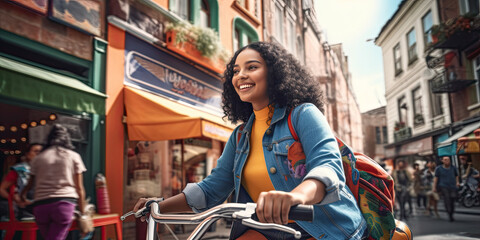 Fototapeta na wymiar closeup of a happy plus-size young woman ready to go bike riding in the city - generative AI