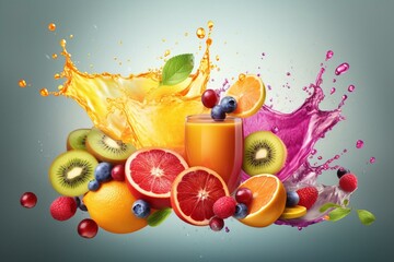 Fototapeta na wymiar fruits with slices and juice splash in rainbow colors flying smoothie. AI. Generative AI