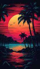 Sunset on tropical beach with palm tree generated ai