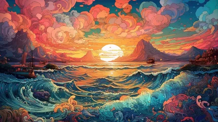 Foto op Aluminium Generative AI, ocean in the sunset linear illustration, psychedelic manga style, highly detailed. Anime colorful style © DELstudio