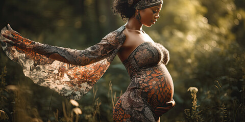Elegant dramatic pregnant woman dancing  with a flowing dress in a field of flowers backlighting - Generative AI 