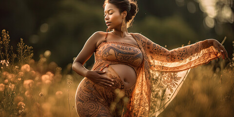Elegant dramatic pregnant woman dancing  with a flowing dress in a field of flowers backlighting - Generative AI 