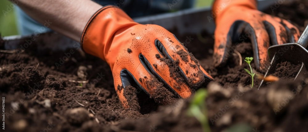 Wall mural Closeup image of woman s hands in gardening gloves planting tomato.