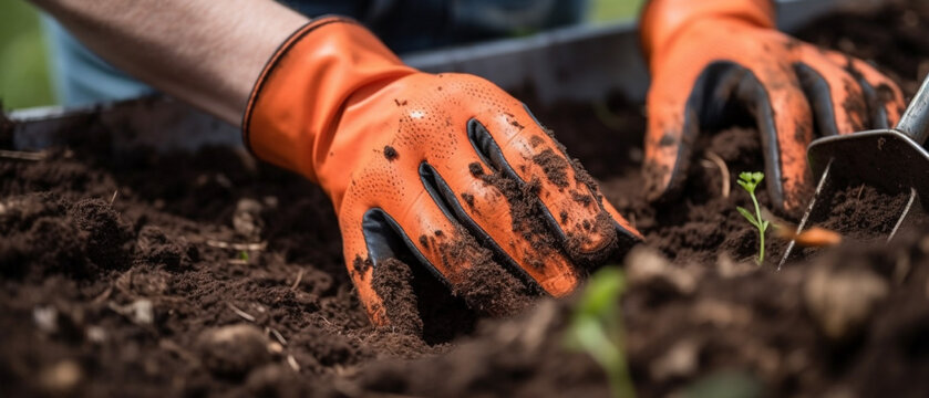 Closeup image of woman s hands in gardening gloves planting tomato.