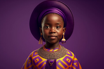 Cute black girl wearing African national costume isolated on purple background. Generative AI.