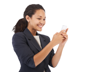 Phone, business or happy black woman typing email, reading news or internet, web or online search on technology. Female on mobile smartphone, user or girl isolated on a png transparent background