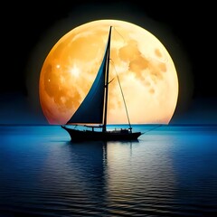 Boat in the middle of the sea, expanse of night stars, waves, big crescent moon, created using generative AI technology