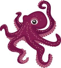 Cartoon character octopus isolated on white background.Marine life with tentacles, suckers and eyes.Inhabitant of the seabed.Cute print on fabric and paper.Vector flat style illustration.