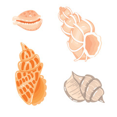 Sea shells in color.Set of ocean dwellers isolated on white background.Cartoon objects for printing on fabric and paper.Can be used to create postcards,stickers,patterns.Vector flat  illustration.
