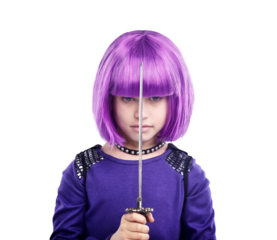 Sword, portrait or samurai girl in fantasy role play, anime cosplay or dress up as purple superhero character. Cyberpunk warrior, halloween vigilante face or young kid isolated on a png background